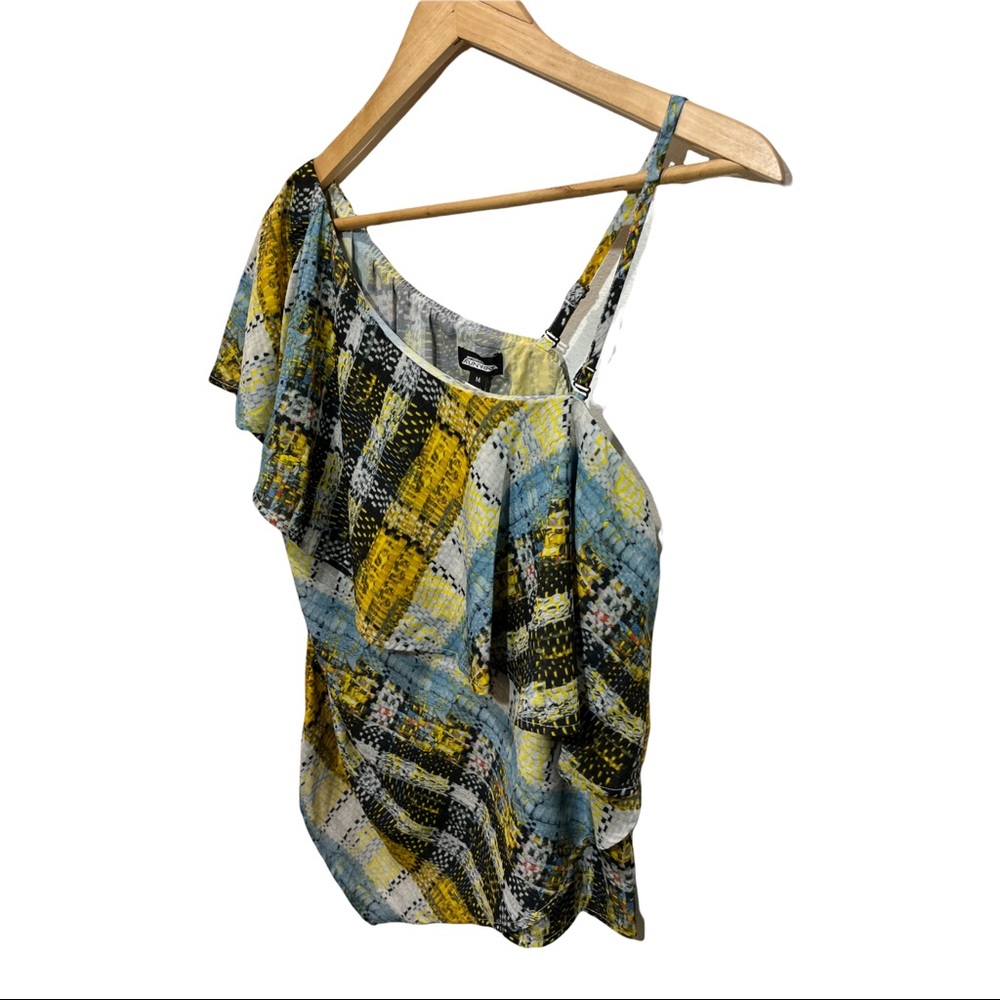 PROJECT RUNWAY ERIN PLAID RUFFLED DRAPE ASYMMETRICAL SHOULDER BLOUSE